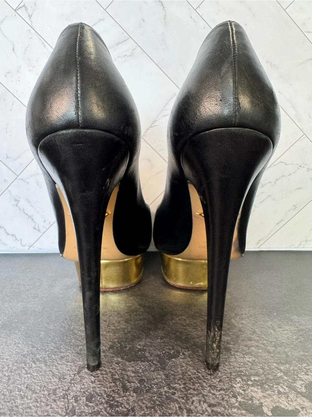 Charlotte Olympia Black Dolly Heels, Gold Platform Pumps, Size 38